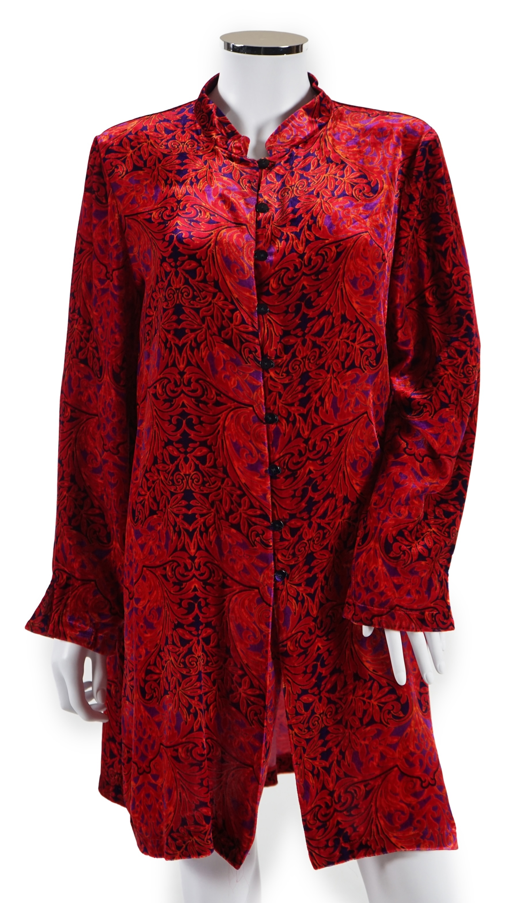 An assortment of lady's clothes including a knitted coat/cardigan, a Sahara velvet overshirt and linen trousers, a Joules white cotton lace top, an Aiger dark grey trouser and long sleeve lounge suit, etc. Sizes 14-16 Pr